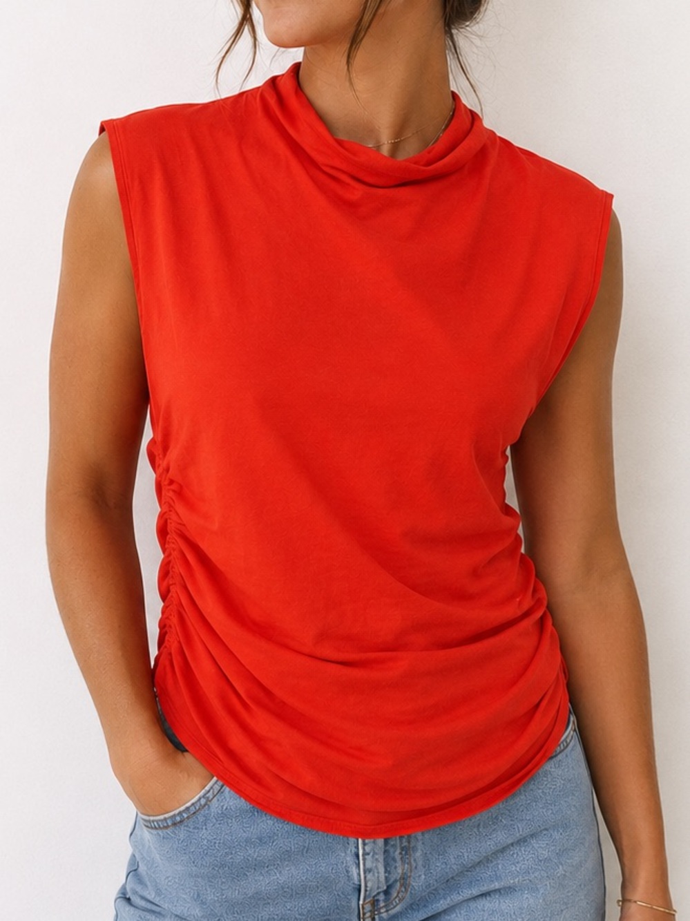 Maeve Anthropologie Red Ruched Mock Neck Sleeveless Top Medium